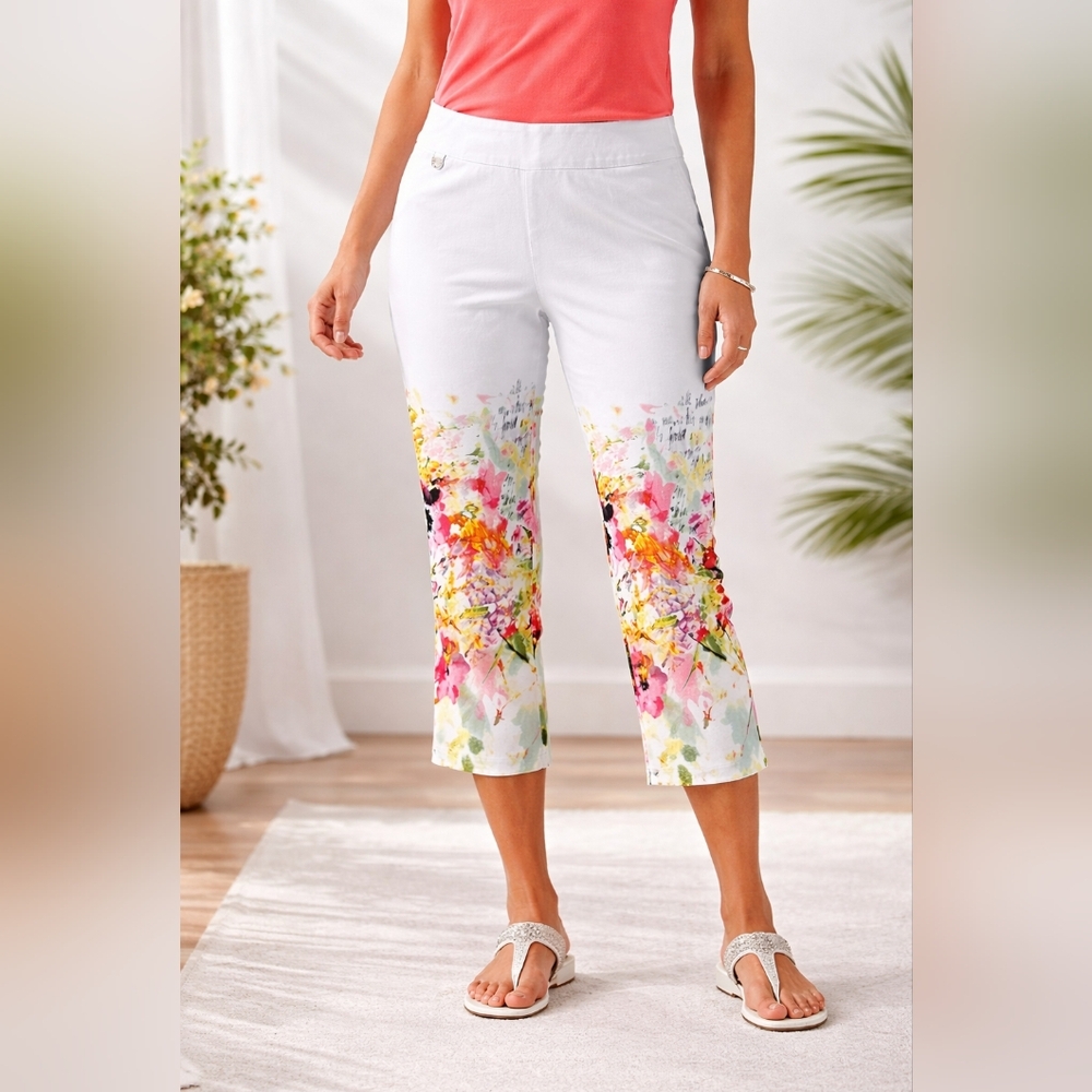 #1201 Artex Floral Women's Cropped Pants Pull On Sz. L